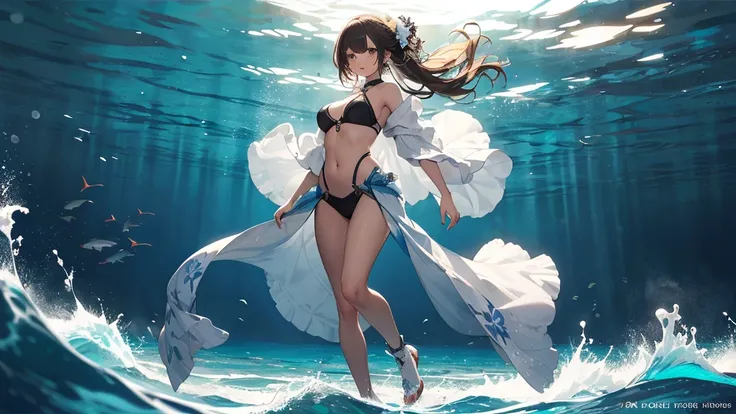 high quality, female, glad, in the ocean, light atmosphere, long shot, full body shot