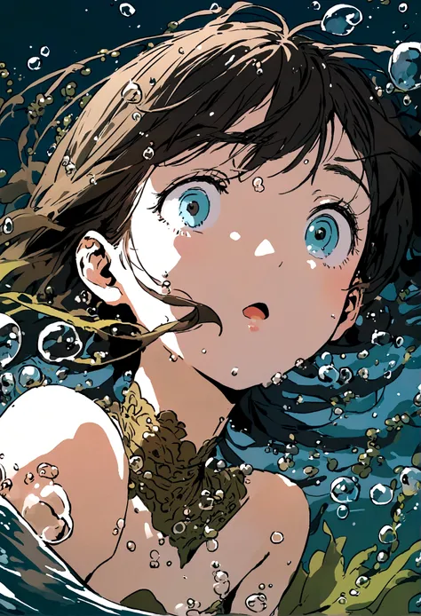 Sinking into water，Girl，bubble，Black Hair，close up，Illustration style