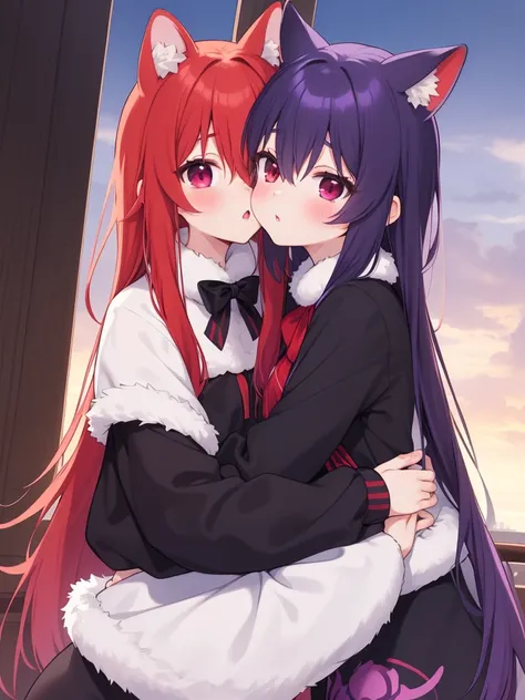 Furru_kemono,  purple hair,long hair,purple eyes, 
and, Furry_kemono,  red hair, short hair,red eyes, break, 2hoys,hug, ,blush, deep kiss, ADDCOL,hug, masterpiece, high quality, very_high_resolution, large_filesize, full color,