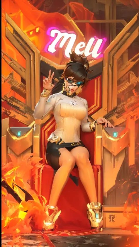 there is a woman sitting on a chair in a game, tranding on pxiv, badass pose, kda, tracer in a skintight dress, most strongest pose, sitting in a gilded throne, sit on throne, , overwatch style, pinup of tracer from overwatch, evil pose, from overwatch, 2 ...