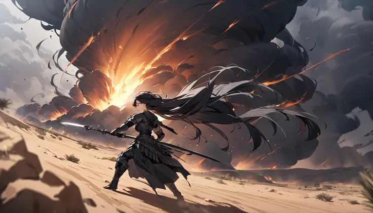 A beautiful female warrior with long black hair and wearing black armor fights in the desert. tornado,