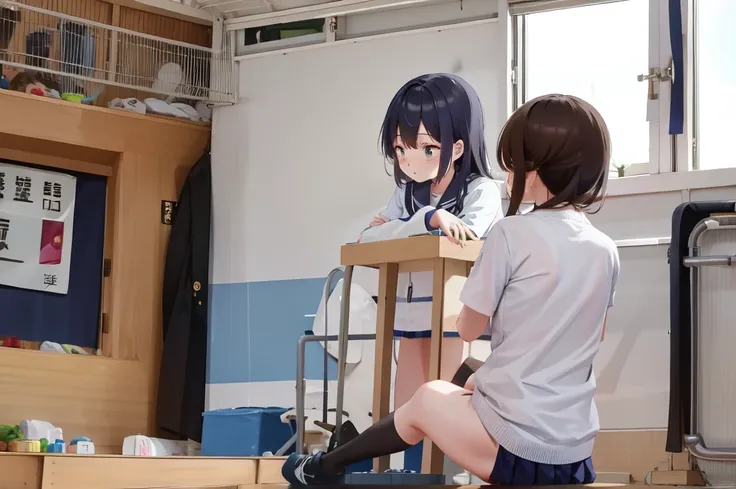 a female student in a sailor uniform is watching a physical education class in the gymnasium because she is feeling unwell