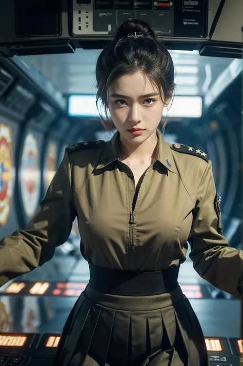 (((best quality))),(((ultra detailed))),(((masterpiece))),illustration," 1girl, female, Air Force, commander, poised, confidence, authority, crisp shirt, pleated skirt, bun, piercing eyes, control panel, military airport, soldiers, duties, fighter jets, cl...