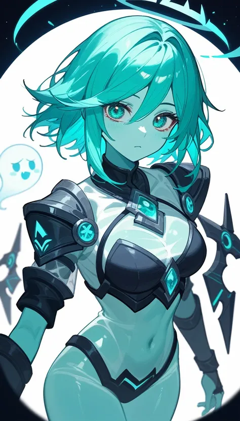 (Fraction_9,Fraction_8_Direction_7_up),1 A Ghost Woman,（（（bust）））, A beautiful woman，Ghost Knight， Foyego，Turquoise colored hair，Turquoise skin，Skin glow，League of Legends Characters，皮肤是绿色soul，Arcane，角色身体是translucent的，The broken armor on his body，The legs ...