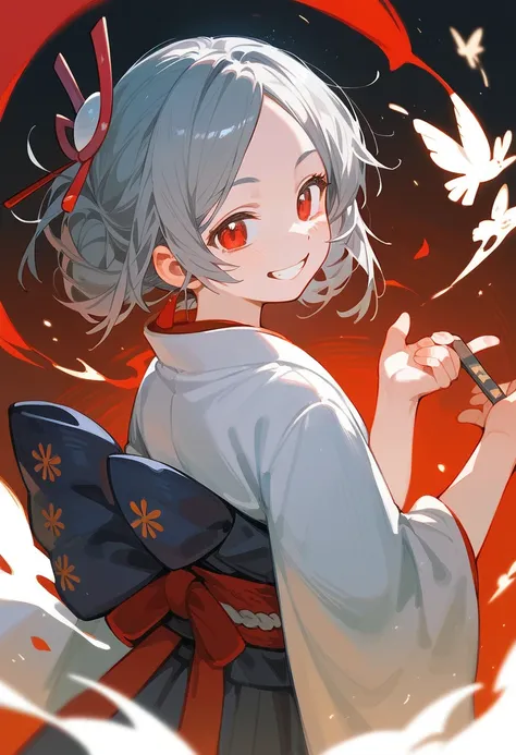 One Girl, Gray Hair, Red eyes, kimono, smile, kawaii, masterpiece, best quality, high quality, ultra detailed