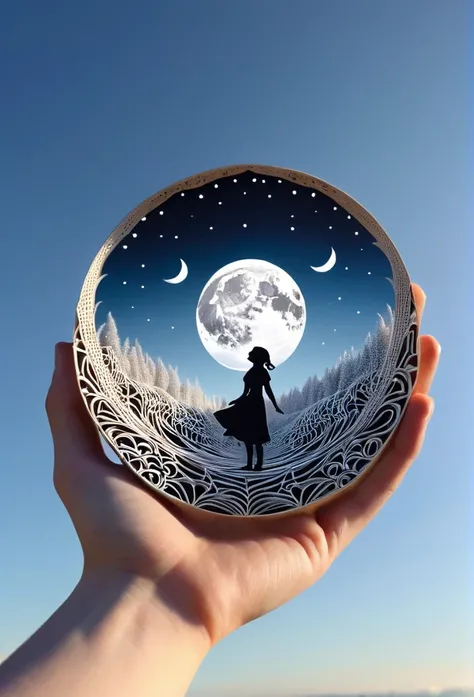 optical illusion, a girl in the distance, it seems that she is holding the moon in her hands, distant shot and close shot, optical illusion, zentangle, origami, cinematic, fused planes creating an optical illusion, heaven and earth merged with each other,