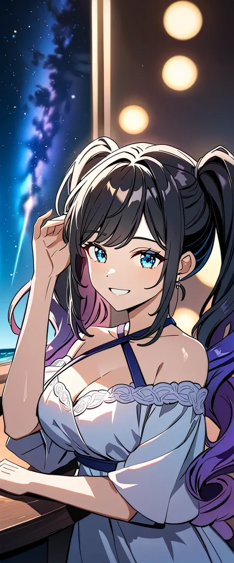 ((grin)), Eyeshadow, False eyelashes, ((off-shoulder dress:1.3, criss-cross halter)), ((white sundress)), ((cleavage)), ((high twin tails, medium hair, spiral curl hair, gradient hair, blue and black hair, hair extensions, streak)), ((sunglasses, hand to s...