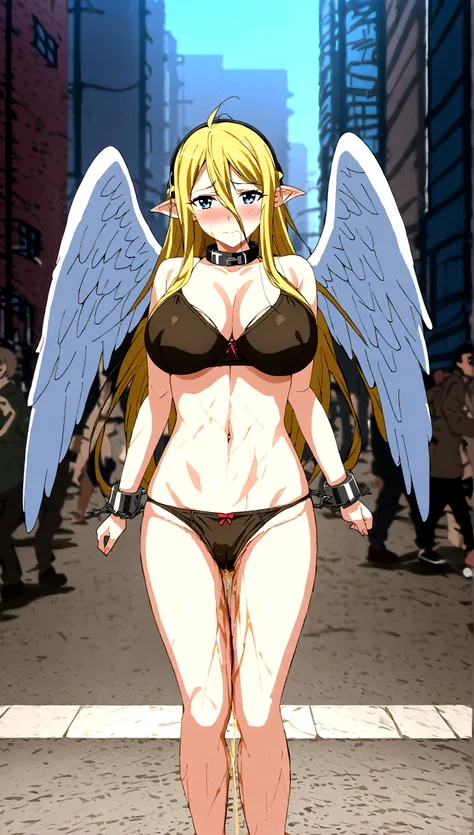 Anime. 1 Girl. Cute girl. Angel. Slave. Blonde. Long hair. Blue eyes. Beautiful eyes. Perfect eyes. Expressive eyes. Ideal face. Snotty nose. 16 years. Big breasts. Beautiful breasts. Pointy ears. Shes having her period. Her crotch is bleeding. There is a ...