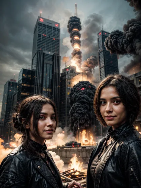 two space pirates posing and smiling before burning futuristic city, smoky dark sky, explosives and shot at the background, intricate details, cinematic light, brilliant render quality, unreal engine 5, burning skyscrapers in the background