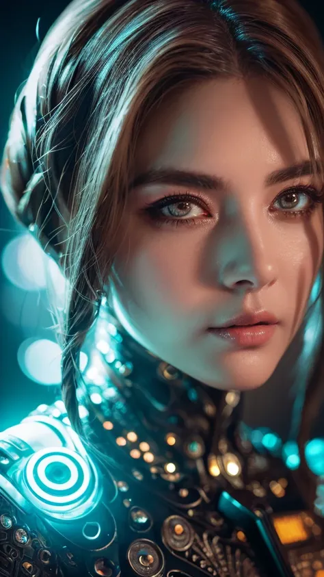 a sultry AI goddess, beautiful detailed eyes, beautiful detailed lips, extremely detailed face and portrait, long eyelashes, intricate cyberpunk futuristic outfit, advanced technology, glowing neon lights, hyper-realistic, 8k, photorealistic, cinematic lig...