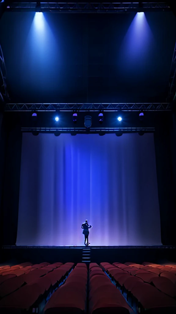 big karaoke place with a small stage and a microphobe for singing, big screen behind the stage, a lot of space, ambient dark lig...