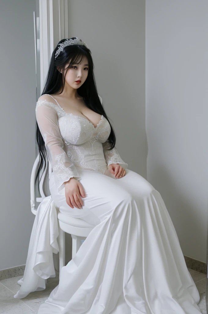 bride、voluminous wedding dress、Super fat、Big Breasts、Big Ass、Super long straight black hair、Small private room、Sitting on the toilet