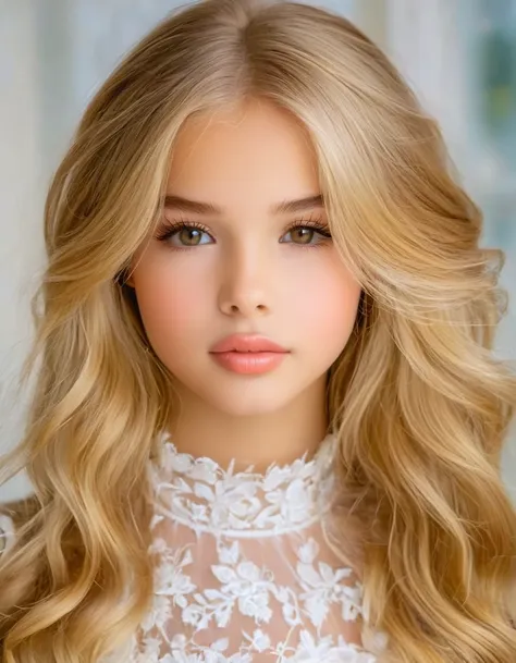 1 young american girl 12 years old, beautifull, alone,  your voice is clear, long blonde hair, long and blond hair,with a subtle...