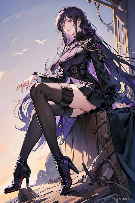 anime - (masterpiece), best quality, seductive eyes, mature face, dark purple eyes, long length dark purple hair, plain black long sleeve, white long skirt, high-heel black boots, tall woman, long legs, adult-like female, 1girl, big breast, dominant pose
