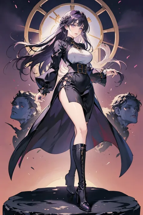 anime - (masterpiece), best quality, seductive eyes, mature face, dark purple eyes, long length dark purple hair, plain black long sleeve, white long skirt, high-heel black boots, tall woman, long legs, adult-like female, 1girl, big breast, dominant pose
