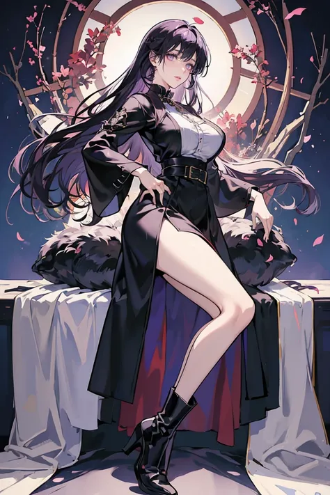 anime - (masterpiece), best quality, seductive eyes, mature face, dark purple eyes, long length dark purple hair, plain black long sleeve, white long skirt, high-heel black boots, tall woman, long legs, adult-like female, 1girl, big breast, dominant pose
