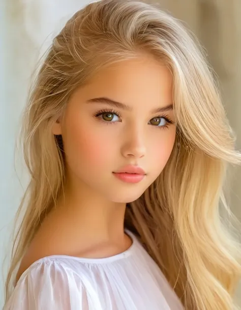 1 young american girl 12 years old, beautifull, alone,  your voice is clear, long blonde hair, long and blond hair,with a subtle...