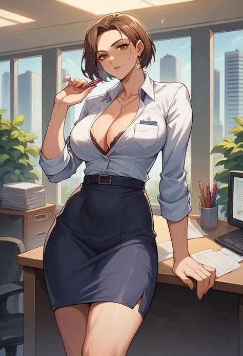 ol professional woman，shirt，Professional hip wrapped skirt，25 years old，Short Brown Bob,Large Breasts,拿着document,Exciting appearance，whole body，office，Modern city buildings，document，，High-quality illustrations，8K