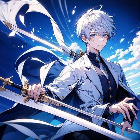 masterpiece , best quality , man , suit , white , ice , sword , anime , sky , glass , cool , king,