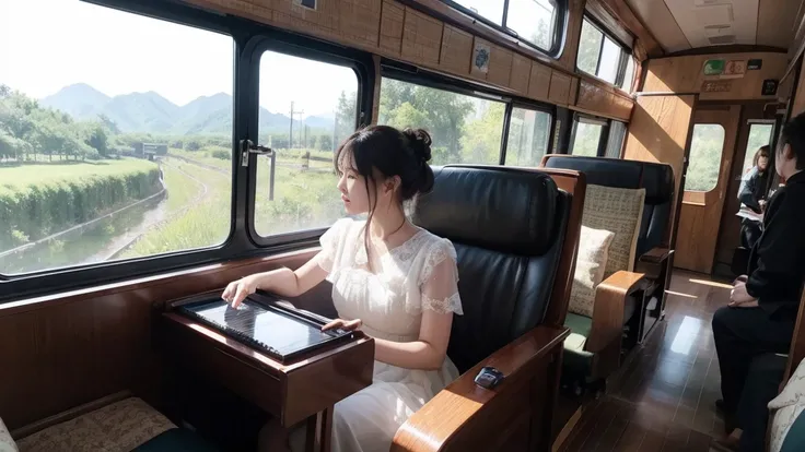 Please fill the screen with the image，Lens fixation，Straight front shot。Please draw a panoramic frontal perspective painting，In the picture心是一列平行驶离的列车，The train is moving from left to right at high speed。The interior of the carriage is presented as a luxur...