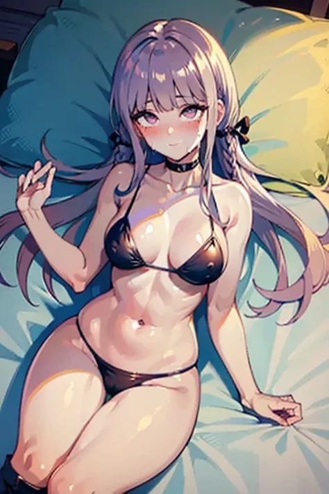 a hot seductive mature woman, kyoko kirigiri, lying down in bed. she has a curvy but slim body, with lovely curves and long sexy legs, and a slim figure. her skin is so smooth that it glows. her hair is long and pink, and its fluffy and messed up. her eyes...