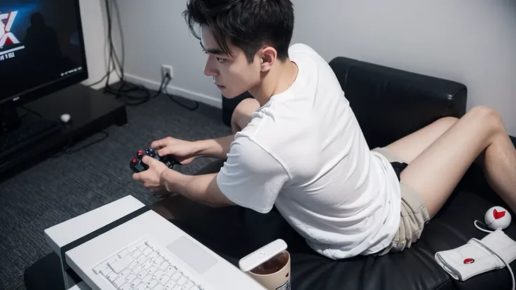 man,person,,Gamers,gamer,game,fight,sitting playing games,Game joystick,white shirt,enjoyable