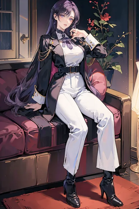 anime - (masterpiece), best quality, seductive eyes, mature face, dark purple eyes, long length dark purple hair, plain black long sleeve, white pants, high-heel black boots, tall woman, long legs, adult-like female, 1girl, big breast, dominant pose
