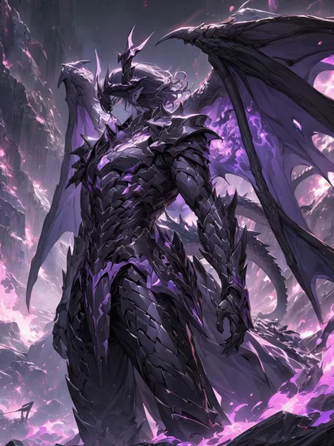 Masterpiece, Very detailed, ultra detailed, one, (1 man), man with a V-shaped body, Gray skin colour, dragon horns, two large dragon wings, full detailed dark obsidian armor with light purple details that seemed like a purple fire. Long black hair combed b...