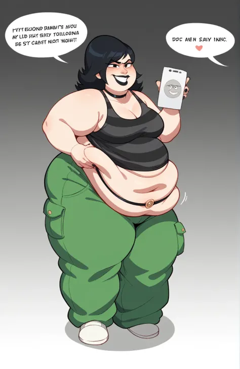 Fat obese, sssbbw, gluttony, high school girl, pixar animated, toothy grin, grabbing belly, Masterpiecev10, Extremely detailed, belly hanging out, sexy, sensual, ((black striped shirt)), black lipstick, black hair, pale