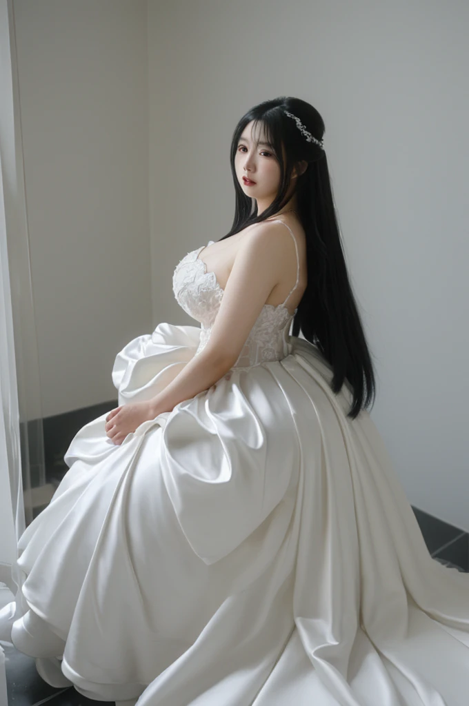 bride、A gorgeous, voluminous wedding dress、Super fat、Big Breasts、Big Ass、Super long straight black hair、Small private room、Sitting on the toilet