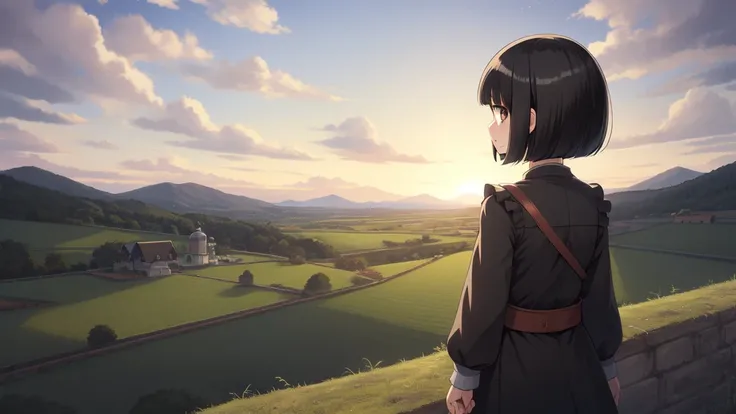 (Yuru Cannon anime) style girl. Rural landscape, black hair bob cut, back view, facing backwards"