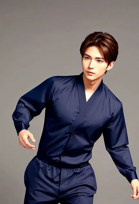 Handsome man with brown hair。Wearing a navy blue ninja outfit。