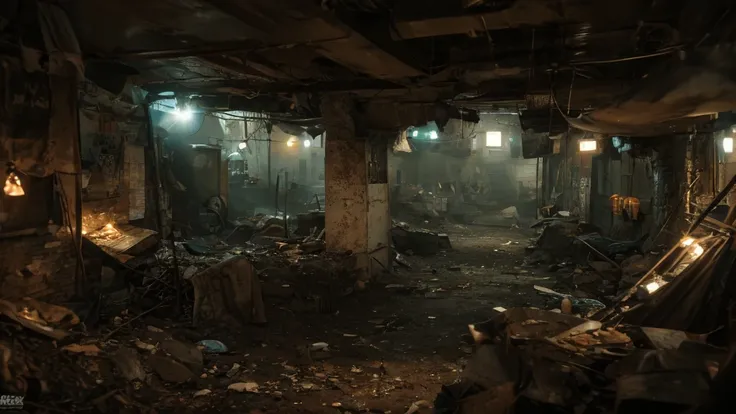 (Best quality,panorama,ultra detailed,A high resolution,masterpiece:1.2,)underground city, filled with people and gloomy green smoke,post-apocalyptic 