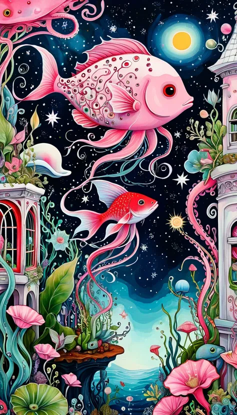 Red fish in the birdcage，plant，Tentacles，Eye、Starry Sky，Stitching together an abstract painting，Describing the inner world of autistic people，Sense of space，White Space，interesting，Innocence，Psychedelic Art，Pink theme