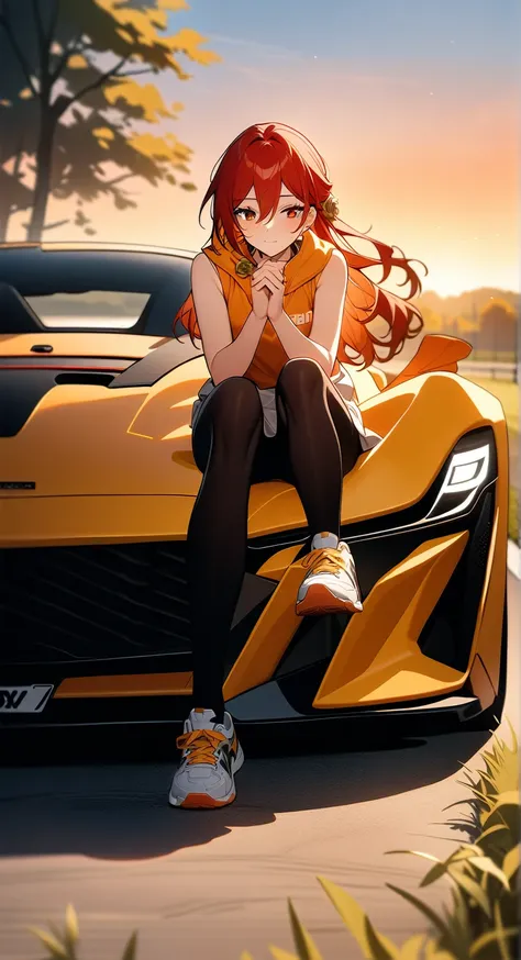 1 girl,Himeko (Honkai: star rail),shaggy haircut,clap,detailed eyes,Good at sports,life,leggings,sneakers,supercar,Two headlights,Sitting on the hood of the car,photoshoot,sunset,Clear sky,hair fluttering in the wind,countryside,trees,grass,hedge,amazing,d...