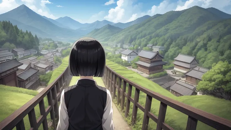 Back view, facing back, face not transferred (Yurukan anime) style girl. Japanese countryside, black hair bob cut,