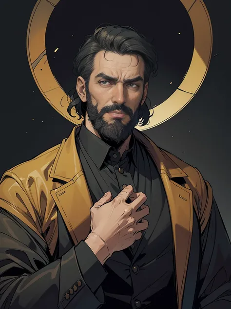 masterpiece:1.2, top quality, unorganized, stained glass background, dark lighting, action SHOT, sandy, man, 19th century nobleman, stately man in a suit, Science fiction, Old man with combed gray and black hair and beard, central portrait, in the style of...