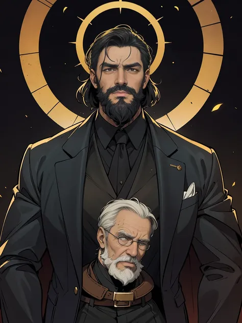 masterpiece:1.2, top quality, unorganized, stained glass background, dark lighting, action SHOT, sandy, man, 19th century nobleman, stately man in a suit, Science fiction, Old man with combed gray and black hair and beard, central portrait, in the style of...