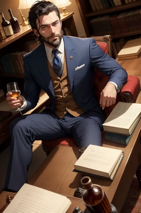 man,with a small beard and blue eyes with dark hair dressed in a suit, sitting in his office in a mansion with a bookshelf behind him and carrying a glass of whiskey.