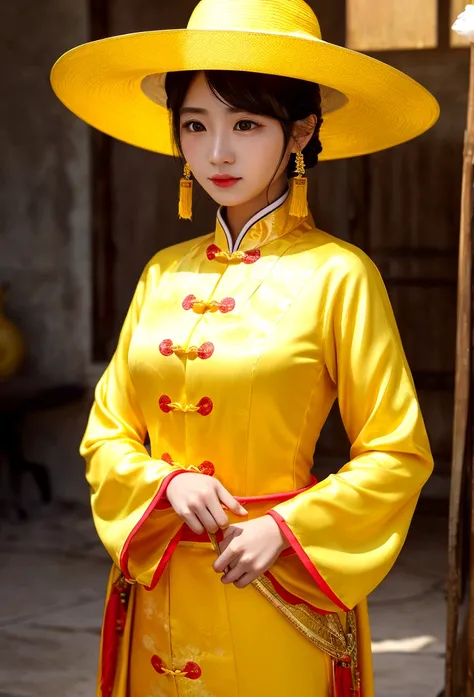 A woman in yellow Chinese clothing。Wearing a hat。