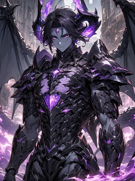 Masterpiece, Very detailed, ultra detailed, one, (1 man), man with a V-shaped body, Gray skin colour, dragon horns, two large dragon wings, full detailed dark obsidian armor with light purple details that seemed like a purple fire. Long black hair combed b...