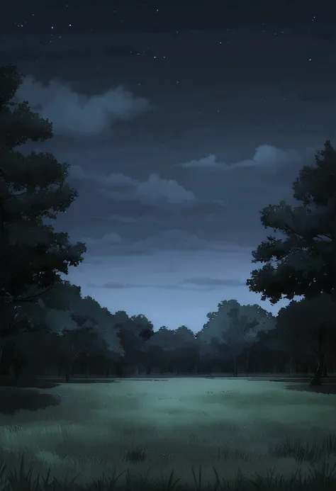 open sky, peaceful park, no people, anime style, no lightning strike, dramatic, nighttime, no light from lightning