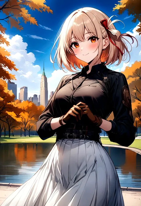 ((masterpiece,Highest quality)),1 Girl,Lonely, (((Chisato Nishiki))), short hair, Light Hair, Lonely, skirt, Detail Eye, Looking at the audience, Long sleeve, Persistence, white skirt, gloves,hair accessory, Black jacket, smile, Flowing Hair, Hook of Holla...