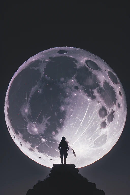 Highest quality,Big moon and shadow,A silhouette of a person can be seen against the backdrop of a large moon.,There is one full moon,There is a mood,Beautiful scenery,Starry Sky