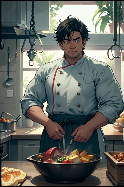 a tropical man, a man in a chef uniform, a male chef, a cook, detailed face, detailed eyes, detailed skin, detailed clothing, hi...