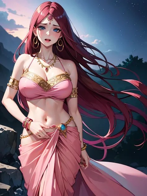 (absurderes, A high resolution, Ultra detailed, hdr), Masterpiece, Best quality, Portrait of an Indian uzumaki_kushina, extreme realistic very beautiful, animated style, closeup shot, anime in a(((pink))) indian dress (((saree))), long black wavy hair unti...