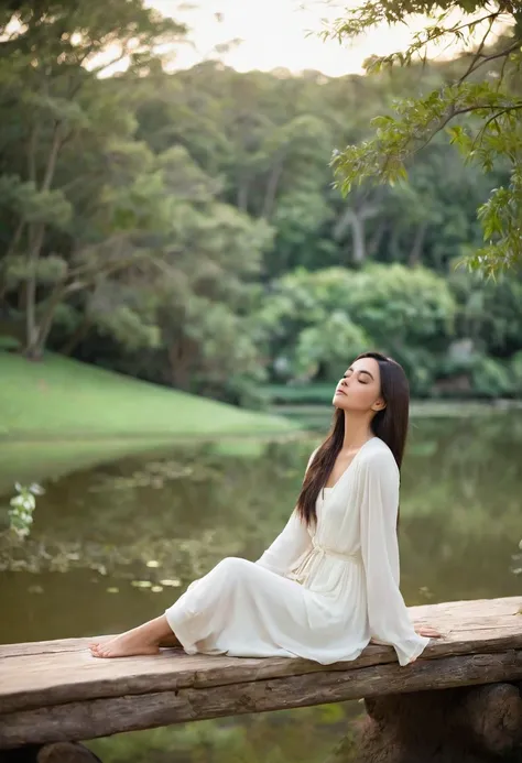 Model strikes a serene and peaceful pose, in a calming and tranquil setting. Shandy