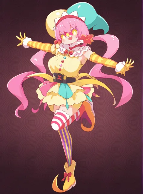 Cartoon character with clown hat and colorful clothes, Cute Core Crown Core, y 2 k Cute Core Crown Core, Clown Girl, Splash Art Anime , creepy Clown Girl, Candy Girl, Candypunk character design, Magical Girl Portrait, Anime Monster Girl, , Humanoid pink fe...