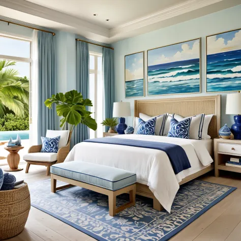 "create an image of an elegant and luxurious bedroom in a coastal area, inspired by the beach for a highly prestigious interior ...