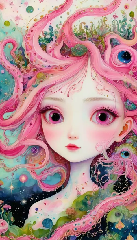 Proud princess，Tilt your head sideways，plant，Tentacles，Eye、Starry Sky，Stitching together an abstract painting，Describing the inner world of autistic people，Sense of space，White Space，interesting，Innocence，Psychedelic Art，Pink theme
